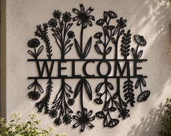 Personalized Wildflower Metal Wall Art Sign, Custom Family Name Sign for Spring, Rustic Flower Welcome Sign, Farmhouse Metal Decor, Outdoor