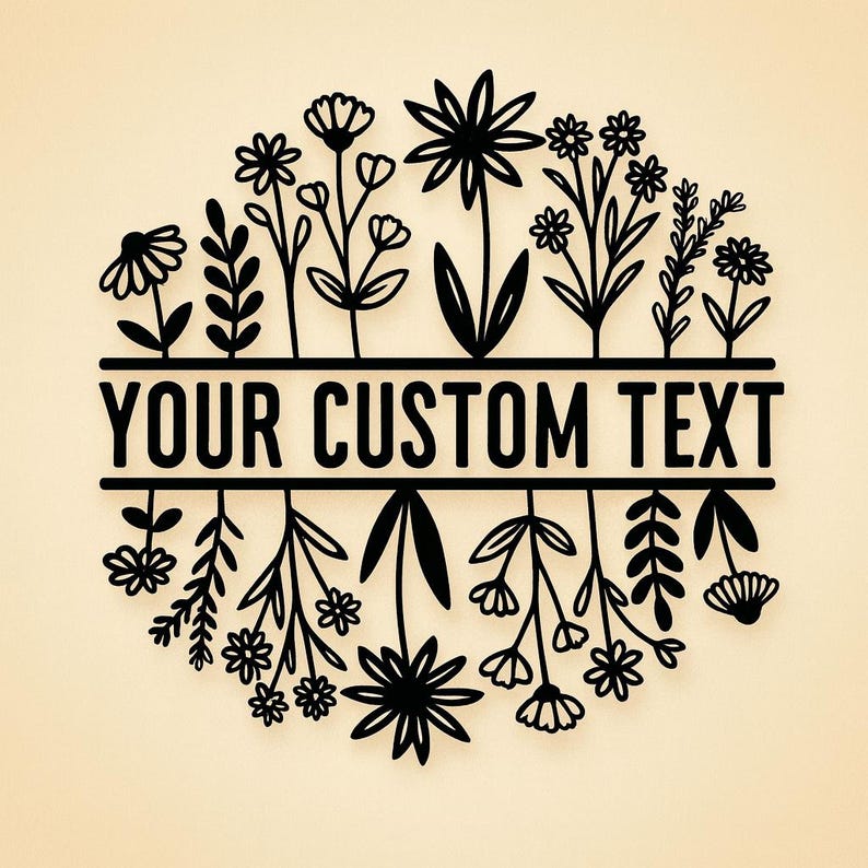 Puede incluir: Dise&ntilde;o floral negro con el texto "YOUR CUSTOM TEXT" en una barra horizontal. El dise&ntilde;o presenta varias flores y hojas dispuestas en un patr&oacute;n circular, ideal para decoraci&oacute;n personalizada.