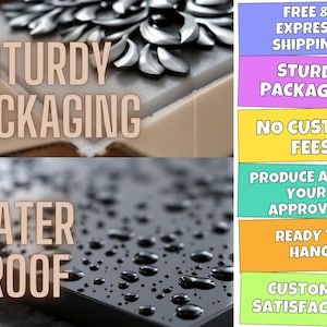 Puede incluir: Imagen que muestra las caracter&iacute;sticas del producto: "Embalaje resistente" y "A prueba de agua". Texto adicional destaca "Producir despu&eacute;s de su aprobaci&oacute;n" y "Listo para colgar". La imagen tambi&eacute;n menciona "Satisfacci&oacute;n del cliente".