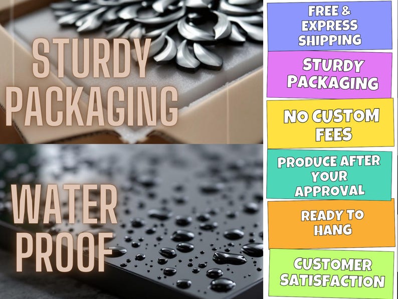 Puede incluir: Imagen que muestra las caracter&iacute;sticas del producto: "Embalaje resistente" y "A prueba de agua". Texto adicional destaca "Producir despu&eacute;s de su aprobaci&oacute;n" y "Listo para colgar". La imagen tambi&eacute;n menciona "Satisfacci&oacute;n del cliente".