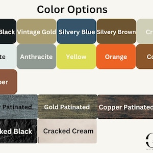 Puede incluir: Gr&aacute;fico que muestra opciones de color para arte mural met&aacute;lico. Las opciones incluyen Negro Mate, Oro Vintage, Azul Plateado, Marr&oacute;n Plateado, Crema, Blanco, Antracita, Amarillo, Naranja, Caf&eacute;, Cobre, Plata Patinada, Oro Patinado, Cobre Patinado, Negro Agrietado y Crema Agrietada.