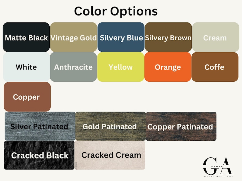 Puede incluir: Gr&aacute;fico que muestra opciones de color para arte mural met&aacute;lico. Las opciones incluyen Negro Mate, Oro Vintage, Azul Plateado, Marr&oacute;n Plateado, Crema, Blanco, Antracita, Amarillo, Naranja, Caf&eacute;, Cobre, Plata Patinada, Oro Patinado, Cobre Patinado, Negro Agrietado y Crema Agrietada.