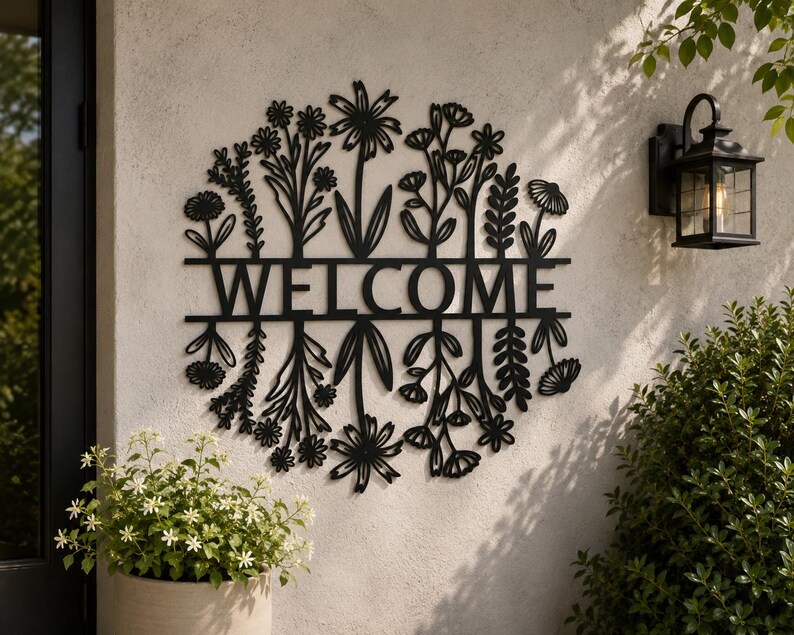 May include: Black metal WELCOME sign featuring a floral design. The sign is mounted on a textured wall, with a black lantern and greenery in the background. The word WELCOME is cut out in large, bold letters.