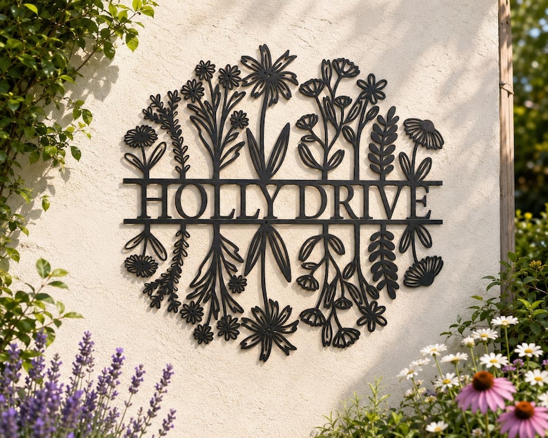 May include: Black metal sign reading "HOLLY DRIVE" encircled by a floral arrangement. The sign is fixed to a light-coloured textured wall, with plants and flowers in the foreground.