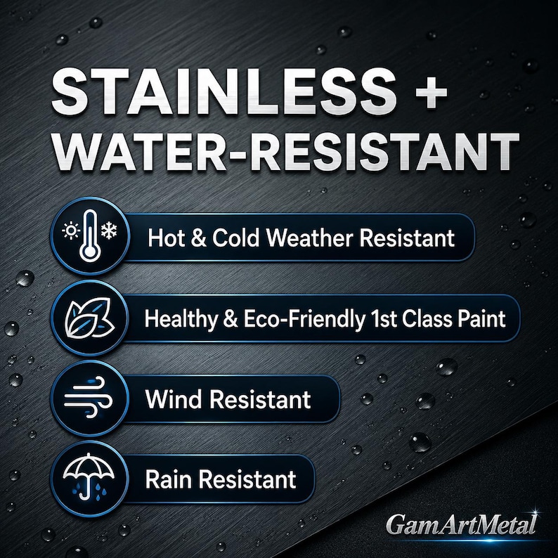 Puede incluir: Un gr&aacute;fico de metal negro con el texto STAINLESS + WATER-RESISTANT. Cuatro iconos circulares enumeran caracter&iacute;sticas: Hot & Cold Weather Resistant, Healthy & Eco-Friendly 1st Class Paint, Wind Resistant y Rain Resistant. La marca GamArtMetal es visible.