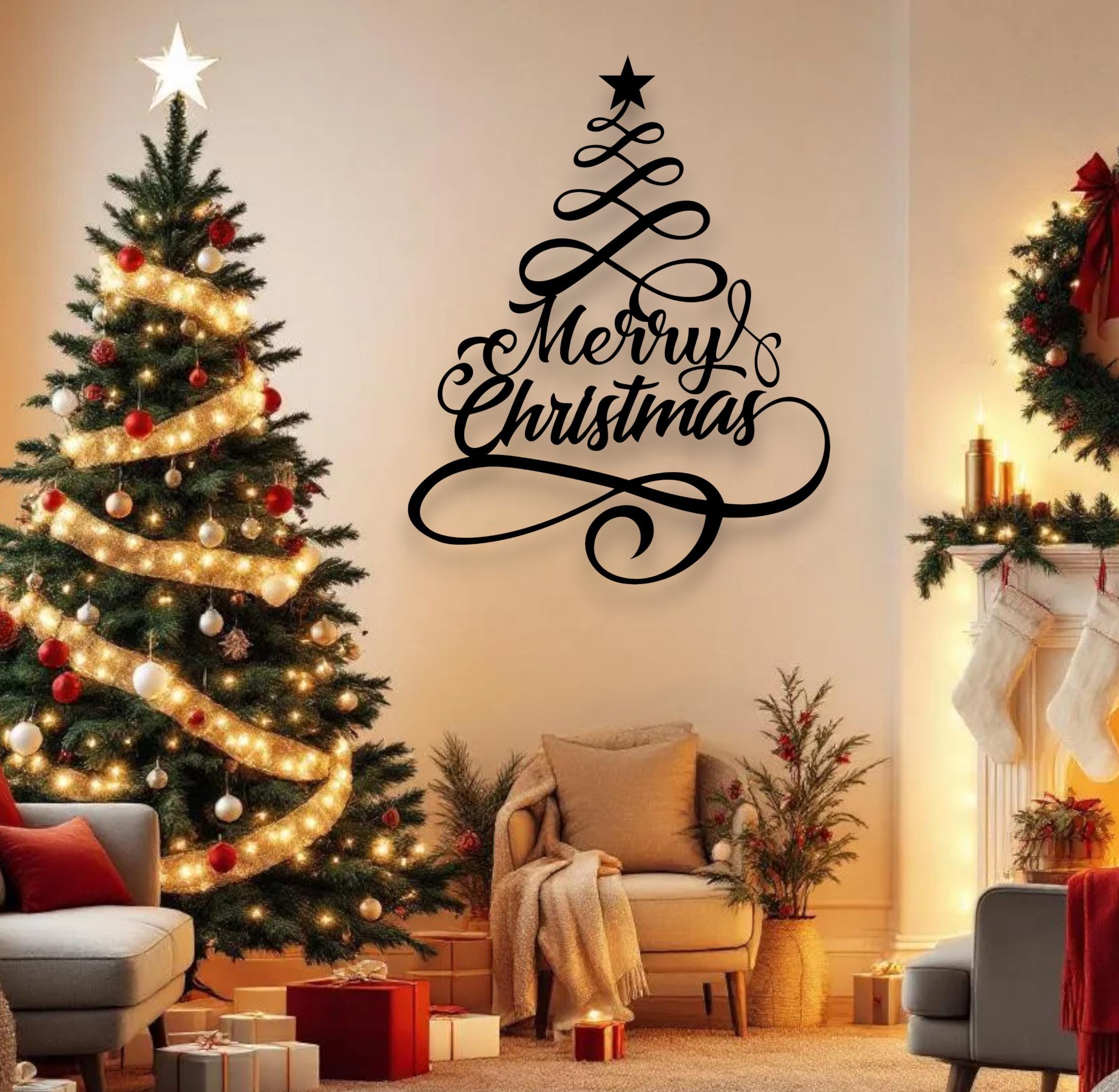 39 Christmas Room Ideas for Every Space in Your Home: Transform Your House into a Winter Wonderland 6 Merry Christmas Tree Metal Wall Sign Festive Holiday Decor Elegant…
