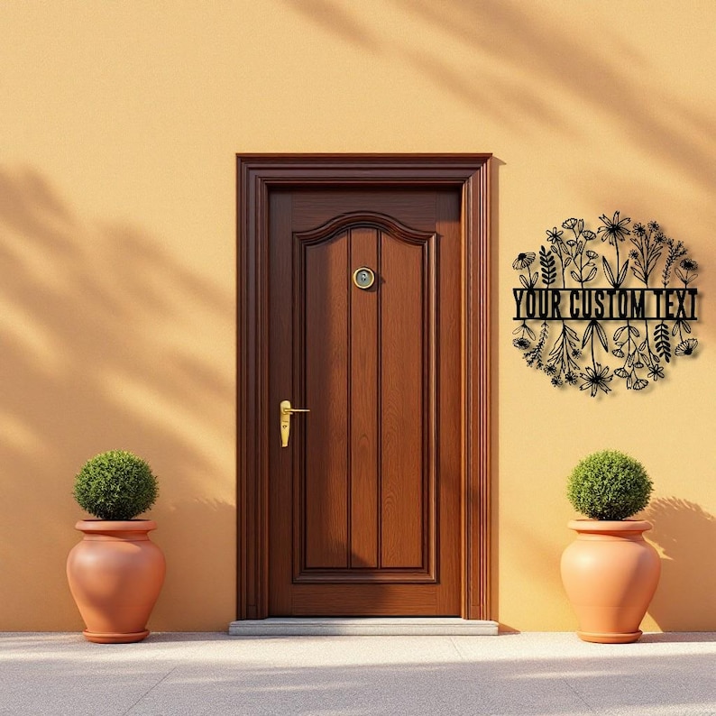 Puede incluir: Una puerta de madera marr&oacute;n oscuro con un tirador dorado y una corona floral decorativa con el texto "YOUR CUSTOM TEXT". Dos macetas de terracota con arbustos verdes flanquean la puerta. El fondo es una pared de color naranja claro.