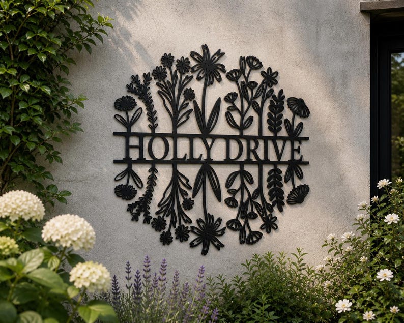 May include: Black metal sign featuring the text "HOLLYDRIVE" within a floral wreath design. The sign is mounted on a light grey wall, with plants and flowers in the foreground.
