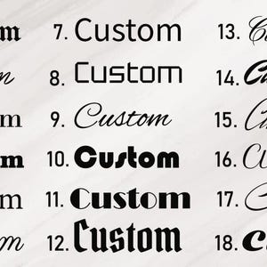 May include: Eighteen examples of the word "Custom" are displayed in black text, each in a different font. The fonts range from classic serifs to modern sans-serifs and include both bold and cursive styles, set against a light background.