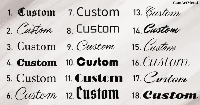 May include: Eighteen examples of the word "Custom" are displayed in black text, each in a different font. The fonts range from classic serifs to modern sans-serifs and include both bold and cursive styles, set against a light background.