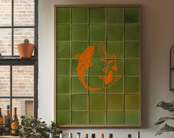 Koi Fish Print, Japanese Wall Art, Japandi Bar Cart Decor, Japanese Living Room Art, Maximalist Colorful Fish Poster, Vintage Japanese Art