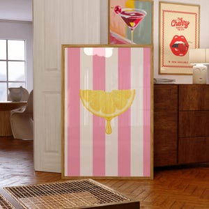 Zitronen Art Print Zitronen und Streifen Kunstdruck Rosa Küche Wand Dekor druckbare Wandkunst Frauen Einweihungsparty rosa Zitrone Dekor
