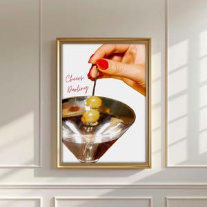 Wydrukuj Cheers bar cart decor, Estetyczne neutralne czarno-białe wydruki, Plakat Martini Cheers, sztuka bar cart, alkohol vintage, wydruk cyfrowy