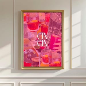 Cin cin-kunstprint, meisje diner drankjes, vrouwenhanden proost muurkunst, retro barwagen print, cheers print, barwagen poster print, slaapzaalinrichting
