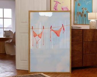 Impression de bikini orange, rendez-vous à la plage, décoration de chambre de plage, décoration de dortoir pour filles, art mural preppy, affiche de maison de plage, art de salle de bain orange