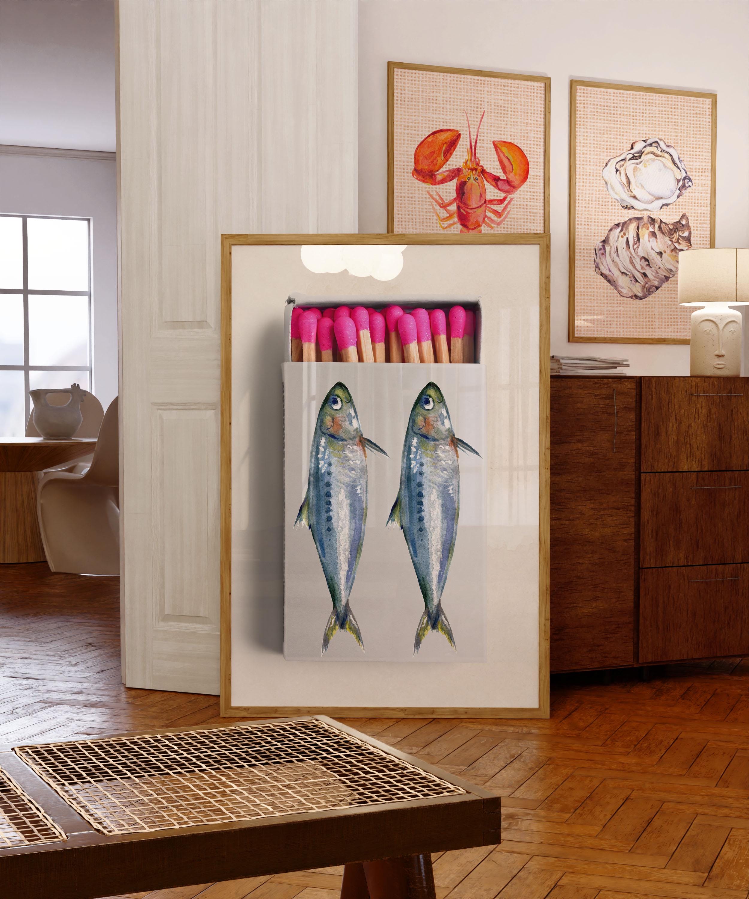 Sardine Wandbild, Streichholzbriefchen, Fischdose, Sardinendose Kunst, Streichholzschachtel Poster, Sardinen Malerei, Aquarell Sardinen, Matter Kunstdruck