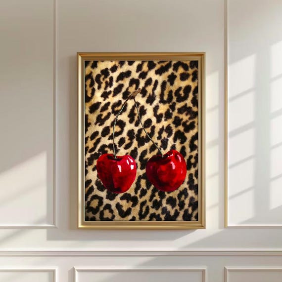 Maximalist Cherry Leopard Print Matte Poster | Y2K apartment decor | Leopard poster | Cheetah poster | College dorm decor | Bar Cart art
