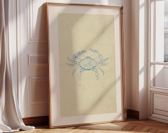 Minimalist Vintage Coastal Blue Crab Print, Neutral Coastal French Country Nautical Home Decor, Vintage Lake House Art, Fisherman Aesthetic