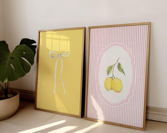Set of 2 Lemon Art Print, Lemon And Stripes Art Grandmillennial Kitchen Wall Decor, Cottage core gift Pink and Yellow Coquette Butter Yellow
