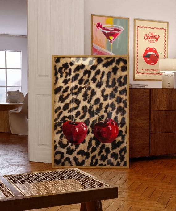 Cheetah Print Cherry Poster, Y2K apartment decor, Maximalist Leopard print poster, Cheetah poster, College dorm decor, Trendi, Mon cheri