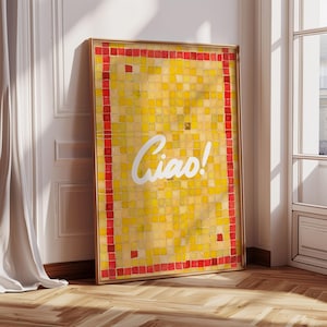 Ciao Tile Print, włoski druk artystyczny z płytek, dekoracja imprezowa o tematyce włoskiej, maksymalistyczna sztuka ścienna do kuchni, sztuka letniego wózka barowego, włoski druk artystyczny