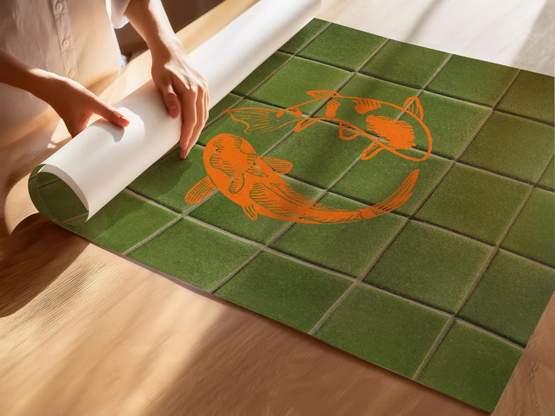 May include: Green tile-patterned wallpaper with two orange koi fish illustrations. The wallpaper is being unrolled on a wooden surface. The koi fish are in a circular design.