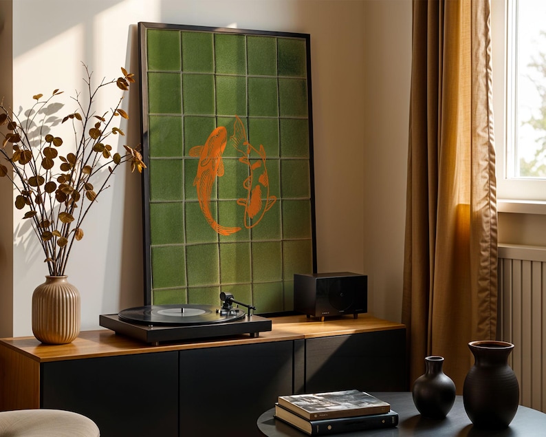 Koi Fish Print, Japanese Wall Art, Japandi Bar Cart Decor, Japanese Living Room Art, Maximalist Colorful Fish Poster, Vintage Japanese Art image 4