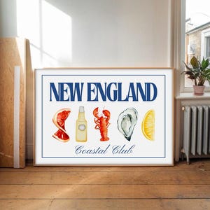 Muurkunst oostkust, Coastal Club-print, New England-print, trendy horizontale print, esthetiek retro appartement, strand ansichtkaart print