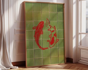 Koi Fish Print, Japanese Wall Art, Japandi Bar Cart Decor, Japanese Living Room Art, Maximalist Colorful Fish Poster, Vintage Japanese Art