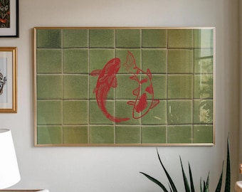 Custom Koi Fish Print, Japanese Wall Art, Japandi Bar Cart Decor, Japanese Living Room Art, Maximalist Colorful Fish Poster, Vintage Art