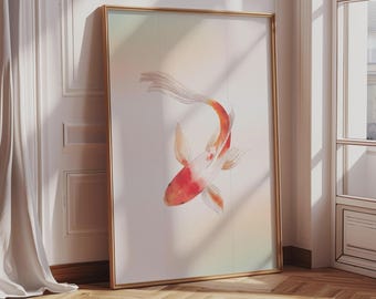 Koifisktryck, japansk väggkonst, Japandi barvagnsdekor, japansk vardagsrumskonst, maximalistisk färgglad fiskposter, vintage japansk konst
