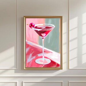 Cherry Martini Art Print, Modny Cherry Print, Bar Cart Art, Wystrój akademika, Plakat retro, Modny, Estetyka Preppy, Natychmiastowe pobieranie
