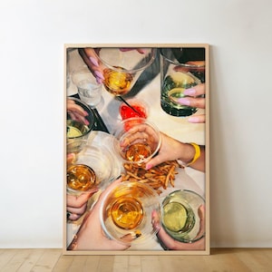 Meisje diner drankjes frietjes, vrouwenhanden proost muurkunst, retro barwagen print, proost print, cocktail proost, barwagen poster print