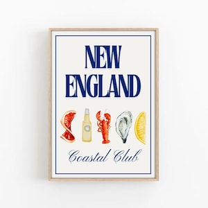 Muurkunst oostkust, Coastal Club-print, New England-print, trendy horizontale print, esthetiek retro appartement, strand ansichtkaart print