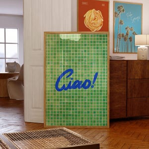 Ciao Tile Print, włoski zielony wydruk artystyczny na kafelkach, zielona sztuka ścienna do kuchni, letnia sztuka na barze, dekoracja imprezy o tematyce włoskiej, włoski wydruk artystyczny