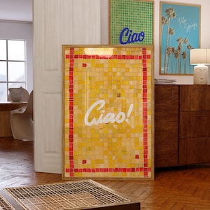 Ciao Tile Print, włoski druk artystyczny na kafelkach, maksymalistyczna sztuka ścienna do kuchni, sztuka letniego wózka barowego, dekoracja imprezy o tematyce włoskiej, włoski druk artystyczny