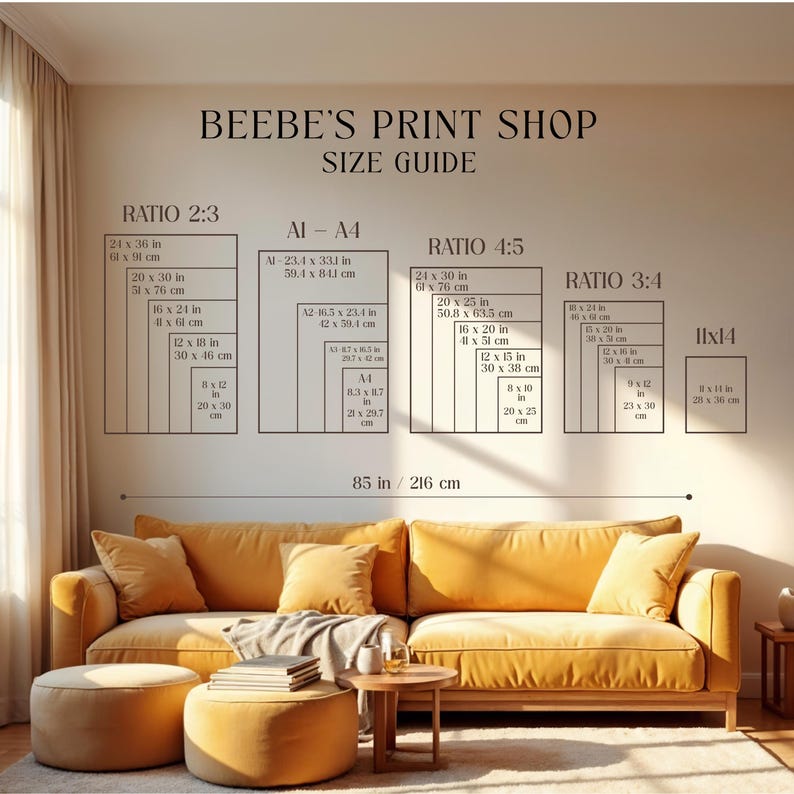 May include: A size guide from Beebe's Print Shop, showing print dimensions in inches and centimeters. The guide includes ratios 2:3, A1-A4, 4:5, and 3:4, with sizes like 24x36 inches (61x91 cm). A yellow sofa and ottoman are in the foreground.