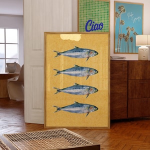 イワシのデジタルアートプリント、缶詰の魚のアート、沿岸キッチンの装飾、トレンディなイワシのポスター、マキシマリストの魚のアート、黄色のバスルームの装飾