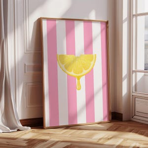 Zitronen Art Print Zitronen und Streifen Kunstdruck Rosa Küche Wand Dekor druckbare Wandkunst Frauen Einweihungsparty rosa Zitrone Dekor
