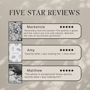 May include: A beige poster with the text "FIVE STAR REVIEWS" at the top. Below are three customer reviews with star ratings and images. The reviews are from Mackensie, Amy, and Matthew.