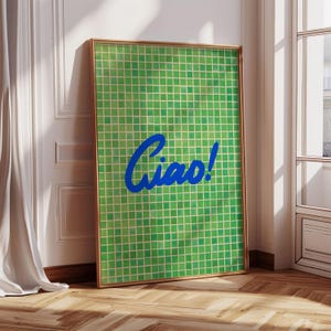 Ciao Tile Print, włoski zielony wydruk artystyczny na kafelkach, zielona sztuka ścienna do kuchni, letnia sztuka na barze, dekoracja imprezy o tematyce włoskiej, włoski wydruk artystyczny