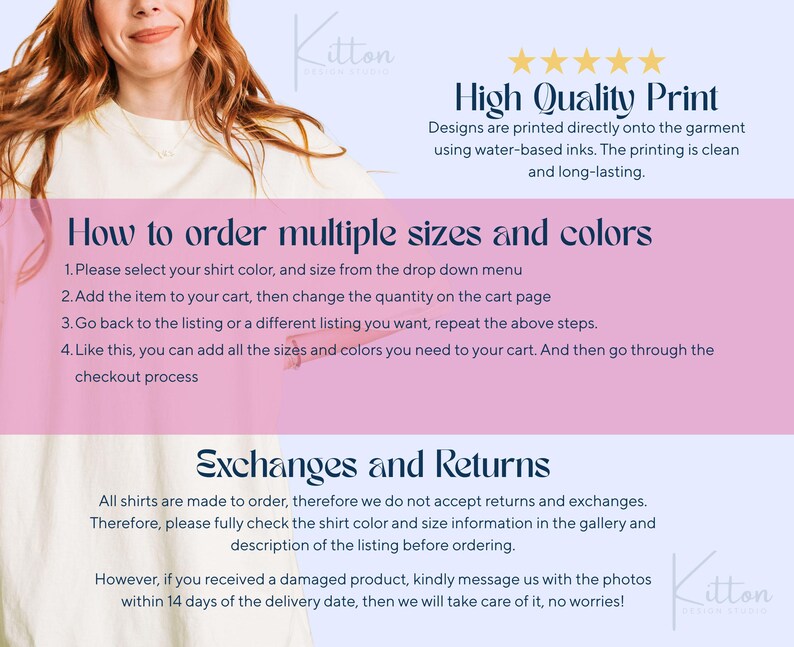 May include: The image features text about ordering multiple sizes and colors of shirts, and information about exchanges and returns. The text is set against a light blue and pink background. The image also includes a woman wearing a cream-colored shirt.