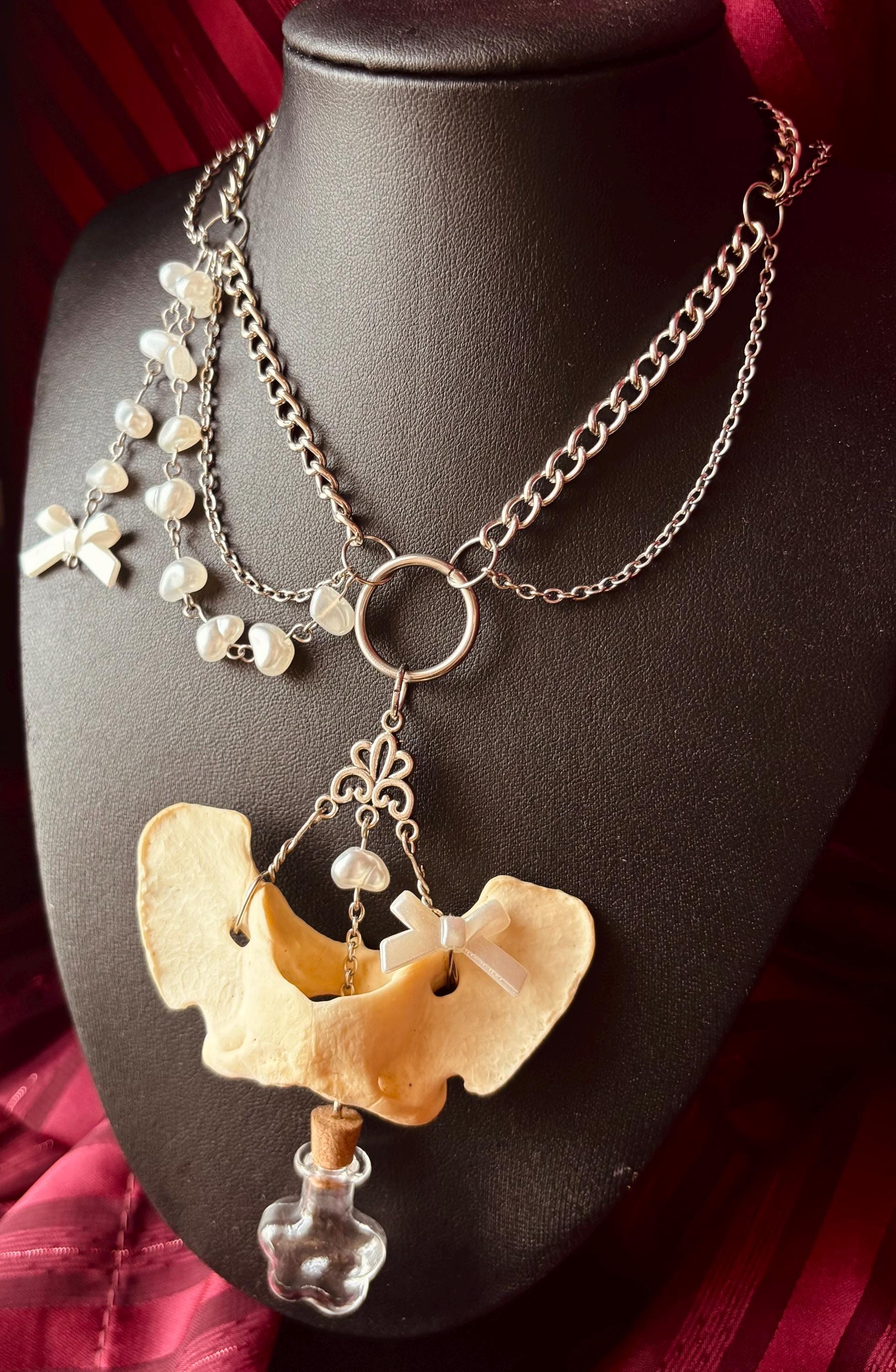 Fox Vertebrae Bone Necklace With Faux White Pearls and Bow Details