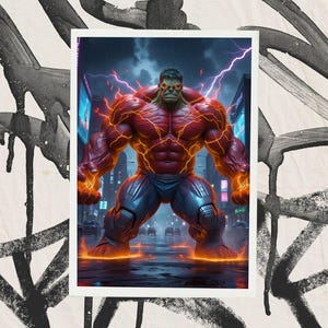 May include: A digital illustration of the Hulk, a green superhero, with red glowing energy surrounding him. He is standing in a city street with tall buildings in the background. The sky is dark and stormy with lightning bolts.