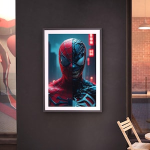 Può includere: Una stampa d'arte digitale di un supereroe con un costume rosso e nero. Il viso del supereroe è diviso a metà, con un lato che mostra una maschera di Spider-Man rossa e nera e l'altro lato che mostra una maschera di Venom nera e bianca.