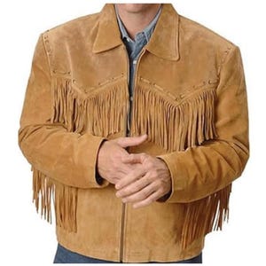 Western Faux Leather Suede Fringed Jacket Cowboy Suede Coat - Tan Brown Western Jacket - Men Fringe Jacket - Vintage Style Cowboy Jacket