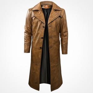 Men&#39;s Brown Long Coat-Full Length Duster Coat-Men&#39;s Biker Long Jacket- Trench Coat-Men&#39;s Motorcycle Long Coat