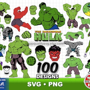 Pakiet 100 klipartów Hulk: pliki SVG do cięcia superbohaterów dla Cricut / Silhouette (materiały do rękodzieła)
