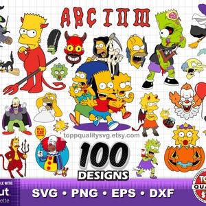 Può includere: Una collezione digitale di 100 disegni di personaggi a tema Halloween con varie figure in costume, tra cui diavoli, streghe, zombie e clown. La grafica include il testo ABC, 100 DESIGNS e toppqualitysvg.etsy.com.