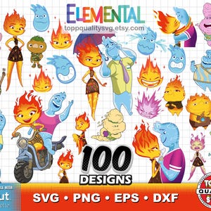 May include: A collection of 100 digital designs featuring characters inspired by the movie "Elemental." The characters are in various poses and styles, with fire, water, earth, and air elements. The designs are compatible with Cricut and Silhouette machines.